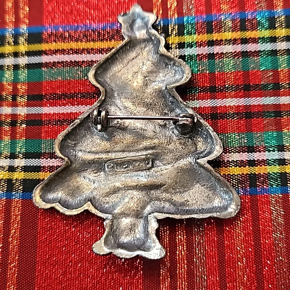 Newpro Signed Pewter Christmas‎ Tree Brooch Pin